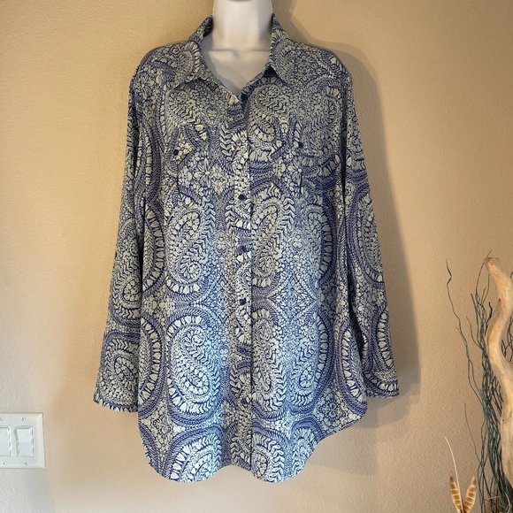 Talbots Blue Paisley Crepe Button Front Shirt Plus 2X Elegant & Lightweight - Picture 1 of 5